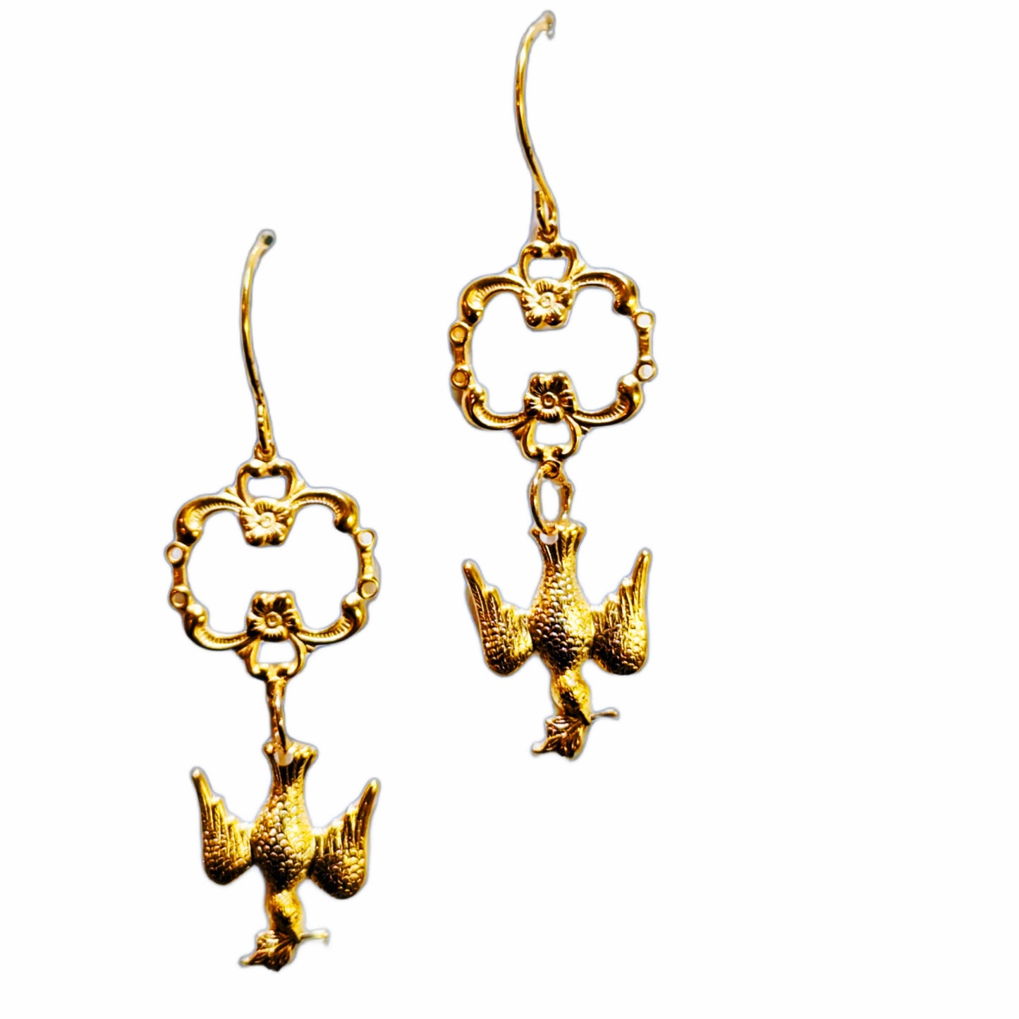 24k Gold Victorian Dove of Peace Earrings Plated 2 1/2 inch Long USA Made by Sugar Gay Isber unisex-adult