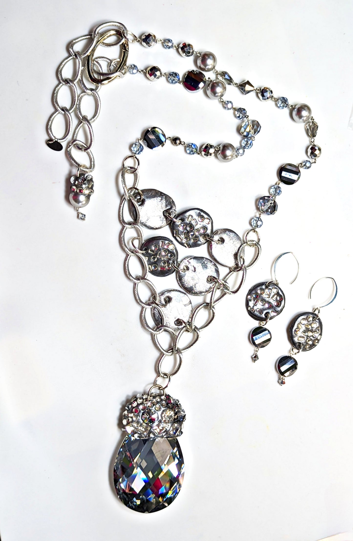 XL Silver Crystal Drop Swarovskis Silver Sparkle Necklace Bespoke Handmade Sugar Gay Isber USA unisex