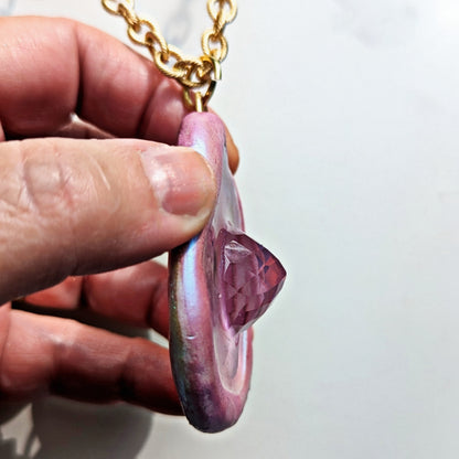 Pink Faceted Gem Soft Glowy Pink Necklace with Gold Plated AMAZING Chain Statement Sugar Gay Isber