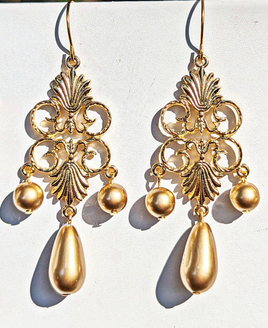 Gold Plated AMAZING Elegant Golden Vintage Pearls Drop Earrings 3 inch Long USA Made by Sugar Gay Isber unisex-adult Bridal