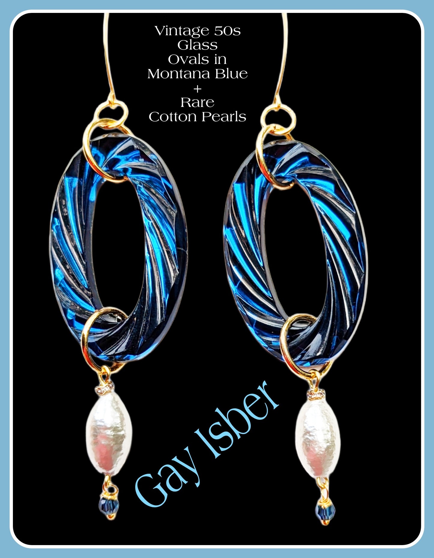 Amazing Vintage Glass Montana Blue Cotton Pearls Amazing XL Earrings Sugar Gay Isber
