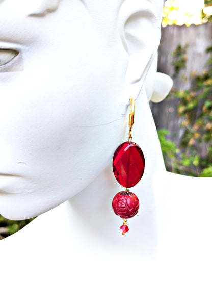 Red Carved Vintage Coral Glass Swarovski Earrings USA made Gay Isber Free shipping