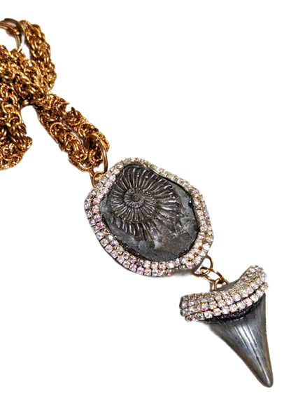 Real Shark Tooth Fossil Grey with Pleuroceras negative ammonite pyrite Iced Necklace Unisex Statement Gay Isber 22" byzantine chain Necklace