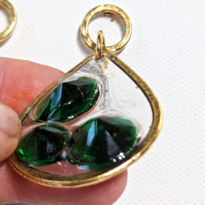 Stained Glass Inspired Emerald Green Circle Post Earrings Gold Plated USA Made Gay Isber 3 inches