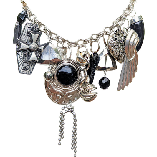 Silver and black vintage charm necklace Swarvoski Heart Horn Leaf Maltese Cross 21 in Sugar Gay Isber Unisex