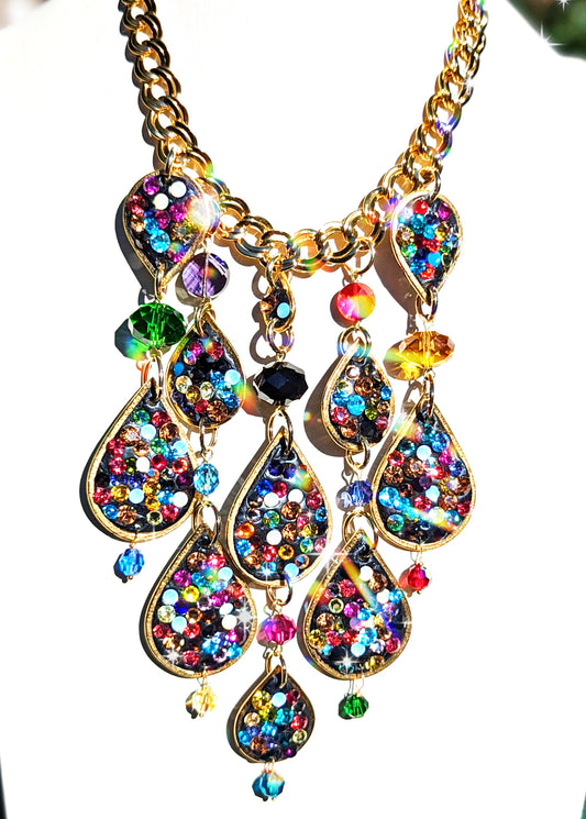 Necklace Earring Set Gold Black Colorful Swarovski Drops on Gold Plated Double Link Chain Handmade Sugar Gay Isber