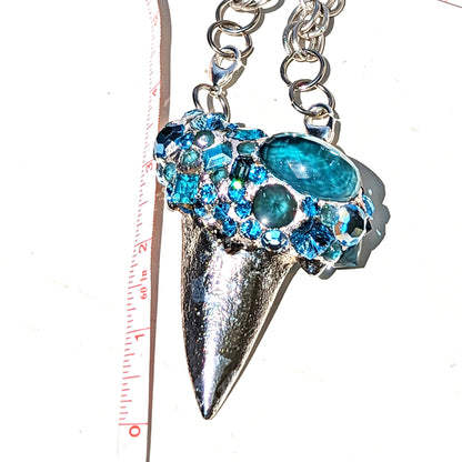 2 in 1 Necklaces 1. Shark Tooth Fossil Pendant and 2. Orchids Chromed Plated Aqua Swarovski Beach Wedding Statement Sugar Gay Isbeer