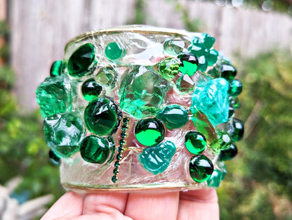 Emerald Green Clear Confetti 2.5 inch wide Clear Resin Cuff Bracelet Vintage Swarovski Faceted Stones Handmade Sustainable USA Sugar Gay Isber