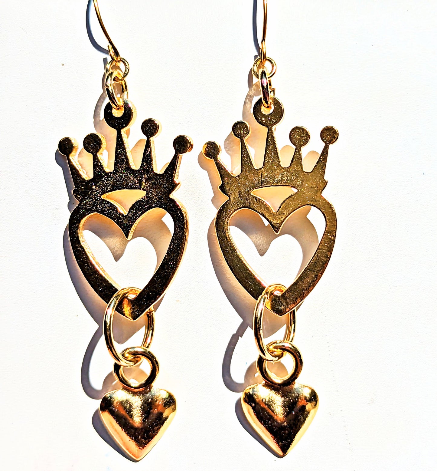Beautiful Gold Plated Heart and Crown Designer Earrings 3.7 inch Long USA Made by Sugar Gay Isber unisex-adult