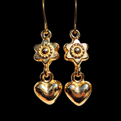 Gold Plated Flower and Heart Designer Earrings 2 inch Long USA Made by Sugar Gay Isber unisex-adult