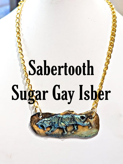 Saber-tooth Tiger Plaque Gold Steel 19" Adjustable Chain Unisex Handmade Each Unique Sugar Gay Isber