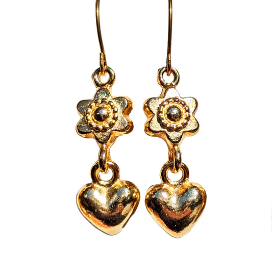 Gold Plated Flower and Heart Designer Earrings 2 inch Long USA Made by Sugar Gay Isber unisex-adult