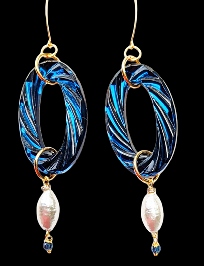 Amazing Vintage Glass Montana Blue Cotton Pearls Amazing XL Earrings Sugar Gay Isber