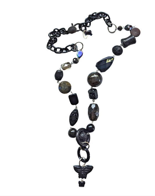 Black Beads Butterflies Labradorite Tourmaline Long Beaded Necklace Sugar Gay Isber