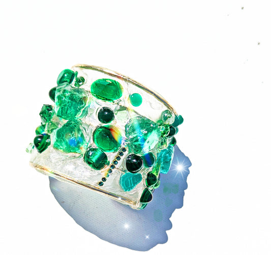 Emerald Green Clear Confetti 2.5 inch wide Clear Resin Cuff Bracelet Vintage Swarovski Faceted Stones Handmade Sustainable USA Sugar Gay Isber