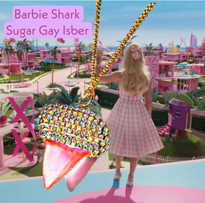 Barbie Pink Shark Tooth Fossil Replica Necklace Bling Unisex Statement Gay Isber gold chain