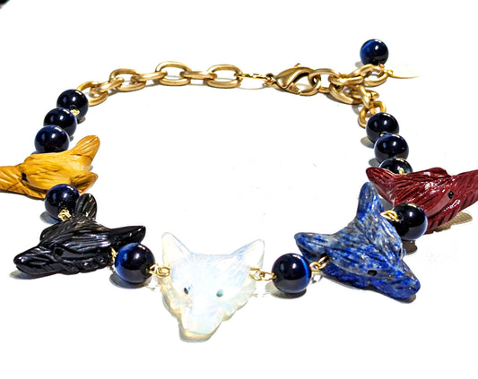 Carved Fox Face necklaces Navy Fiber Optic Hand linked Gold Adjustable 20 inch Sugar Gay Isbe