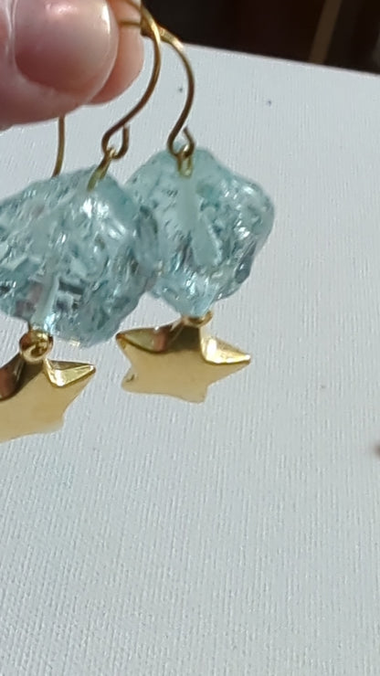24K Gold Plated Vintage Stars + Aqua Rough Glass Nuggets Earrings USA-made Sugar Gay Isber gift bag