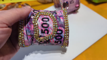 Monopoly Money Inspired WOW Sparkly Large Cuff Bracelet Pink Sugar Gay Isber US Made