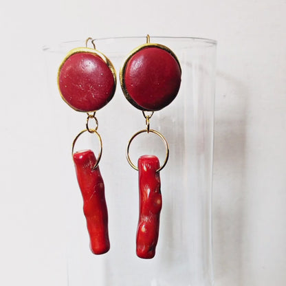 Modern Red Branch Coral Earrings Circle Wire Hook Gold Plated USA made Gay Isber Free