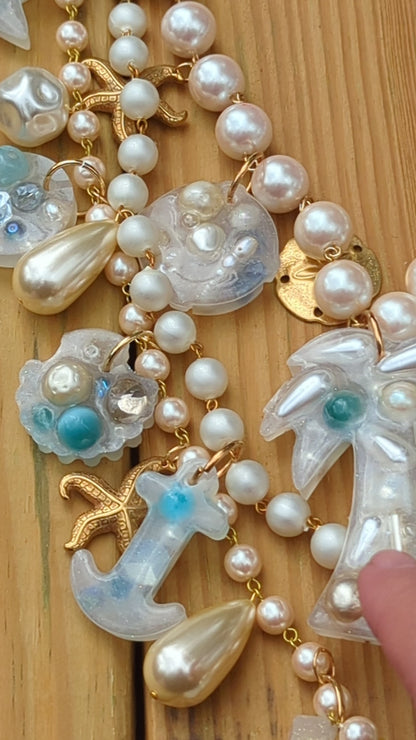 Beach Wedding Necklace Pale Blue with Vintage Pearls Bonus FREE Matching Earrings One-of-a-kind Sugar Gay Isber 3-strand