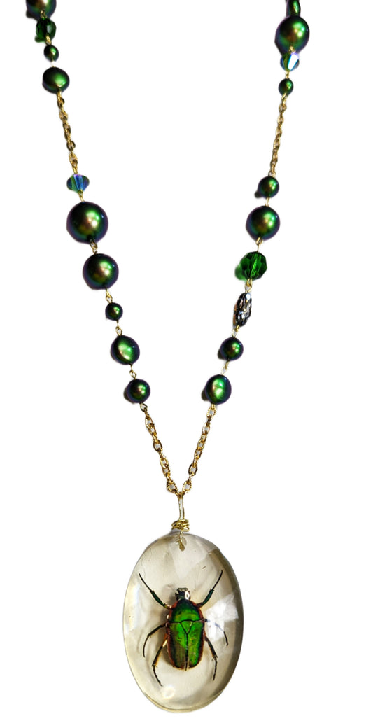 Lucky Scarab Long Swarovski Pearl and Crystal Necklace Scarab in Resin Bug Gay Isber one of a kind USA Made-Gay Isber Designs