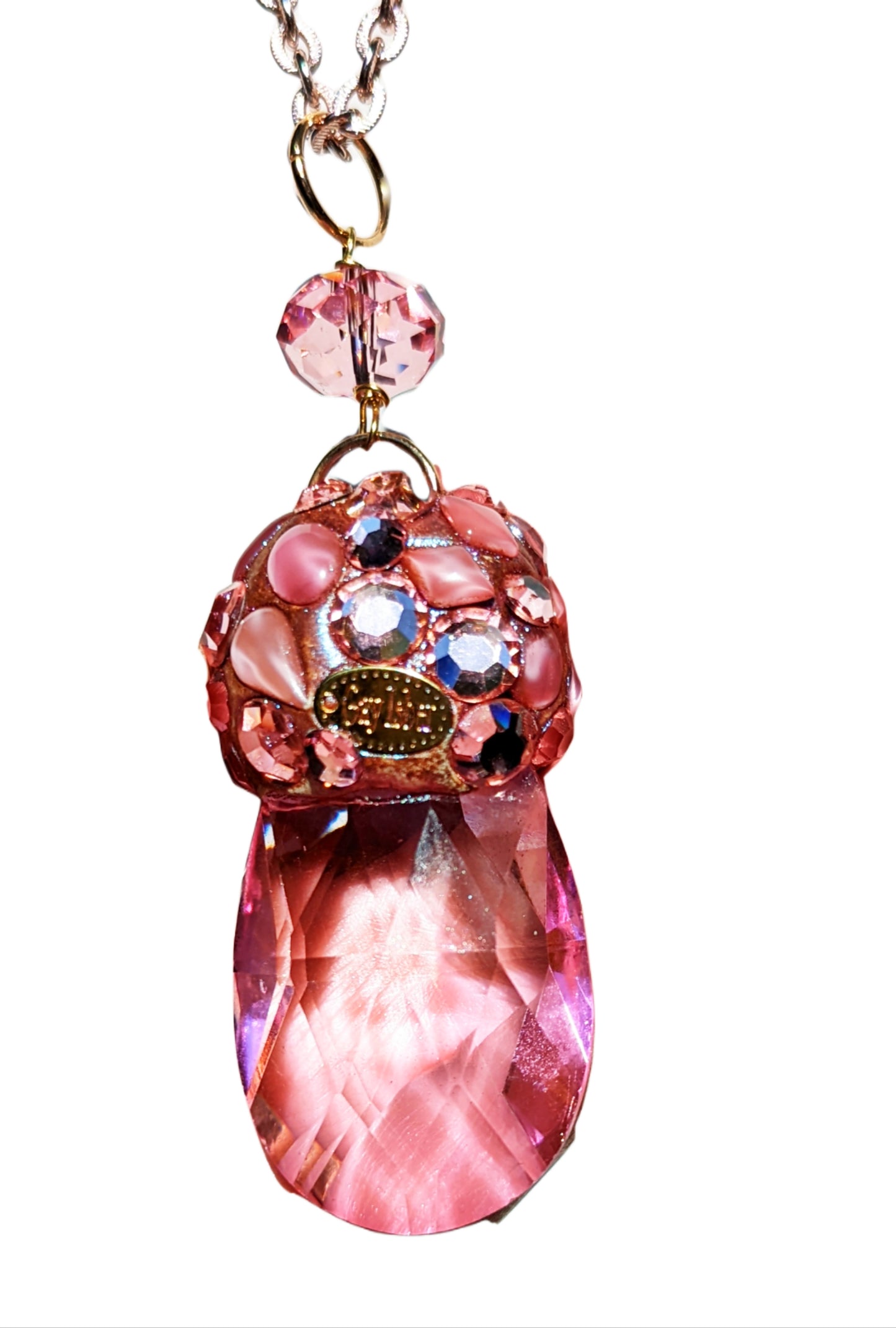Pink Crystal pendant Pink Vintage Chain 48 inches Gay Isber Gift Box-Gay Isber Designs