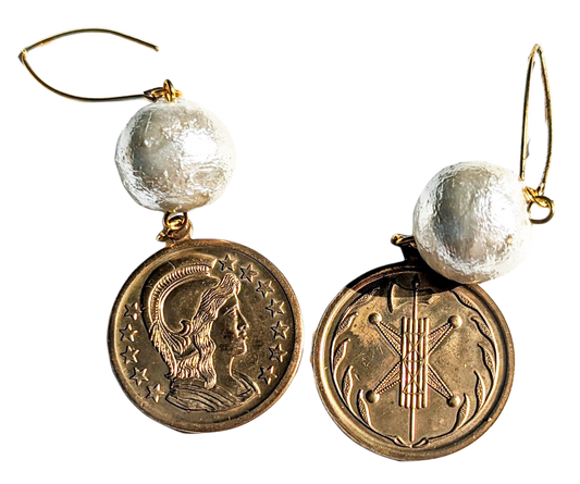 VINTAGE SOLID BRASS SPARTAN ROMAN WARRIOR COIN with Cotton Pearl Earring Gay Isberm-Gay Isber Designs