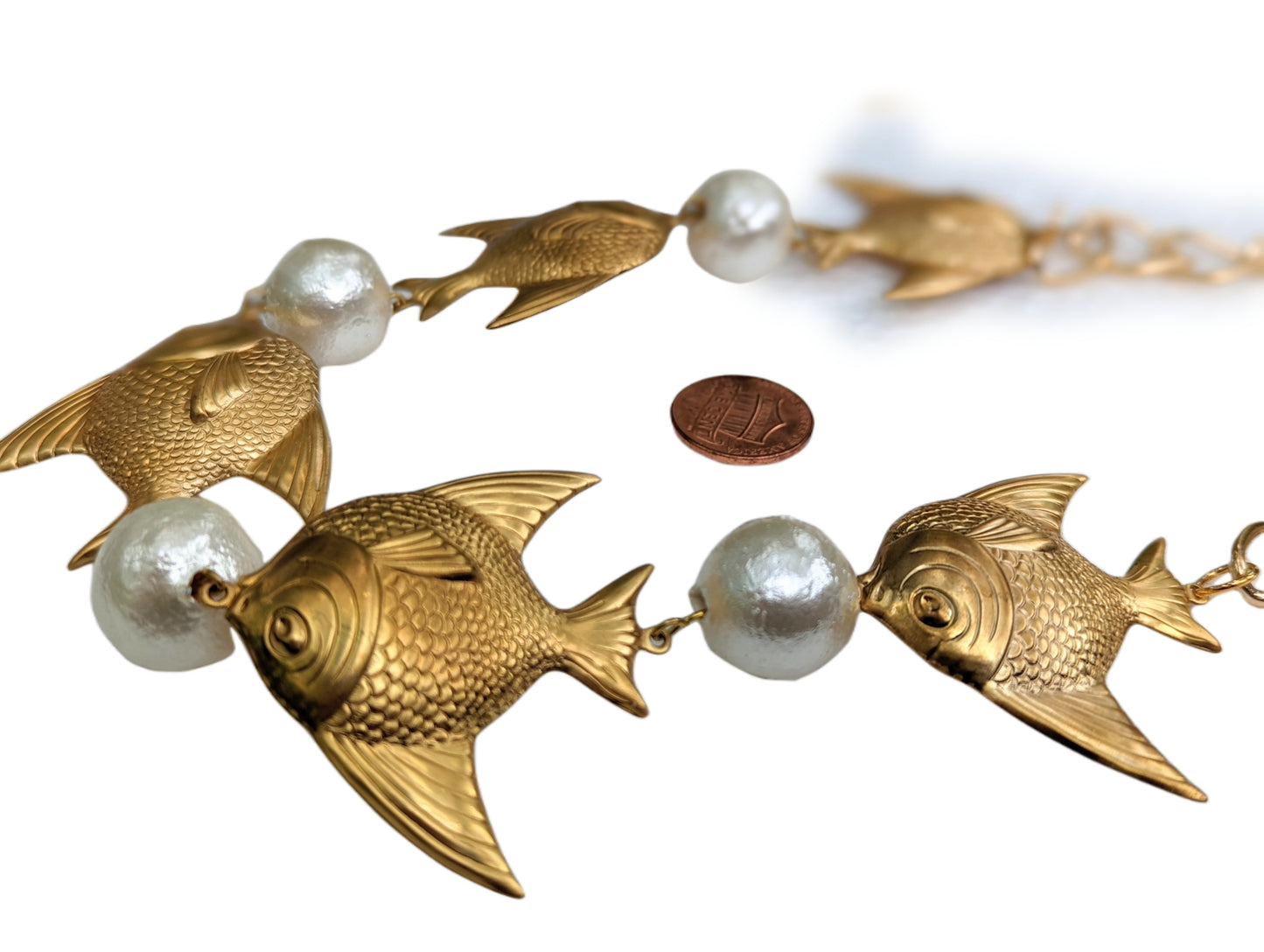 Anglefish and Cotton Pearls collar necklace Gay Isber Handmade USA Adjustable Brass-Gay Isber Designs