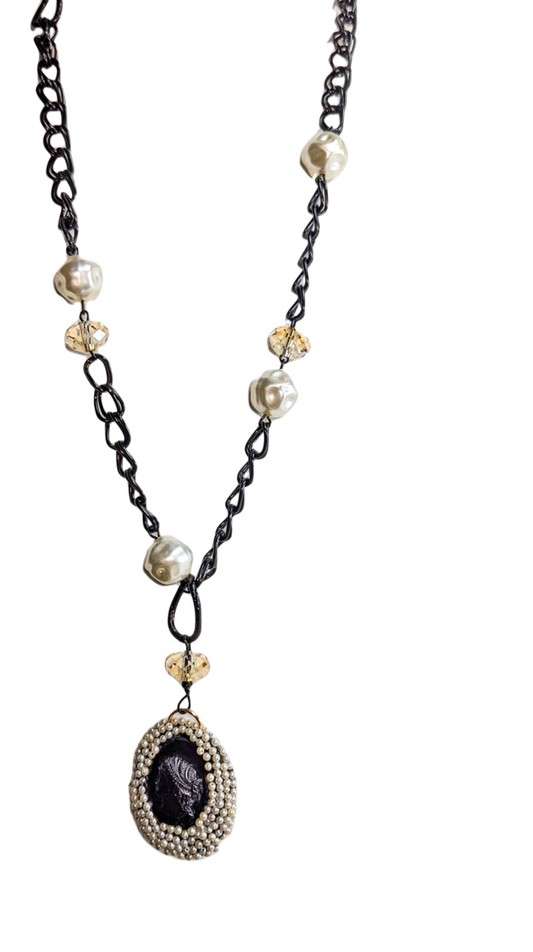 Black Gold Pearl Swarovski and Vintage Cameo Long Statement Necklace Gay Isber Sister Collection-Gay Isber Designs