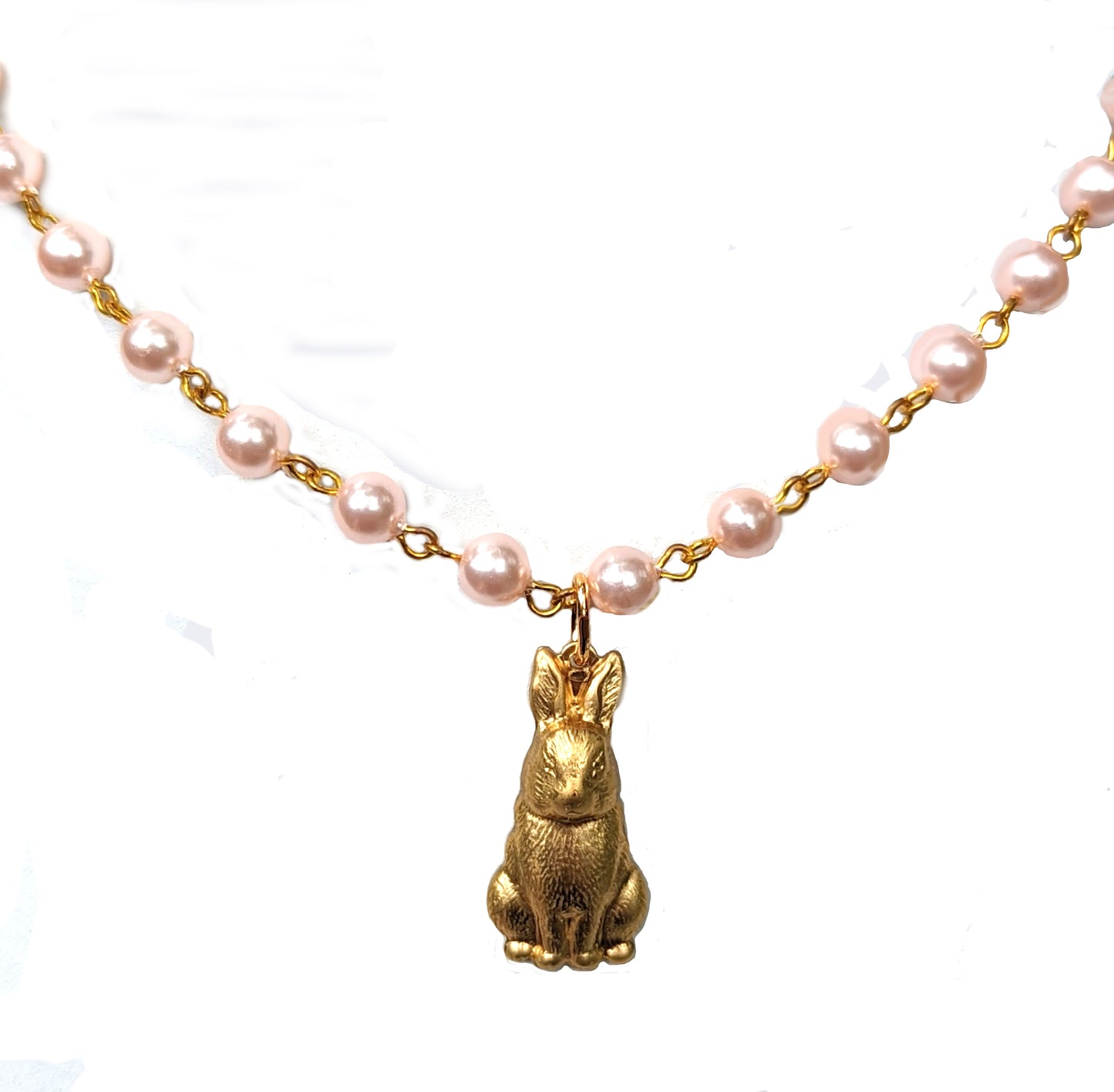 Rabbit Necklace Brass Pressing with Handlinked Pink Vintage Pearls Gay Isber USA Gift Bag-Gay Isber Designs