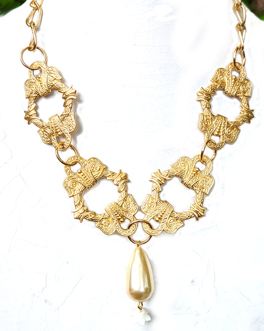 Handlinked Vintage Pearls Detailed Brass Pressing Necklace Gay Isber American Jubilee USA-Gay Isber Designs