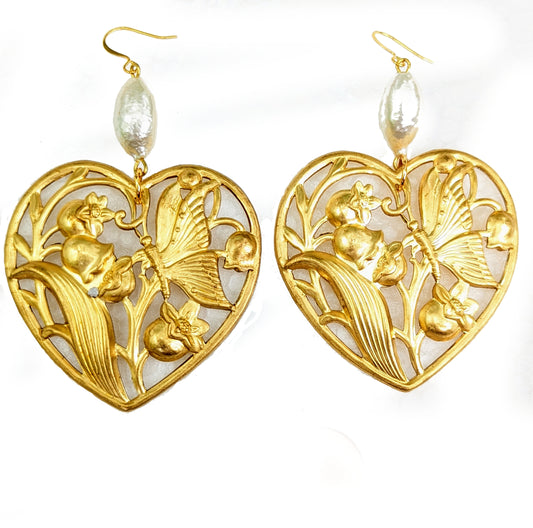 Heart Art Earrings USA Made using USA pressings Brass + Rare Cotton Pearls Gay Isber-Gay Isber Designs