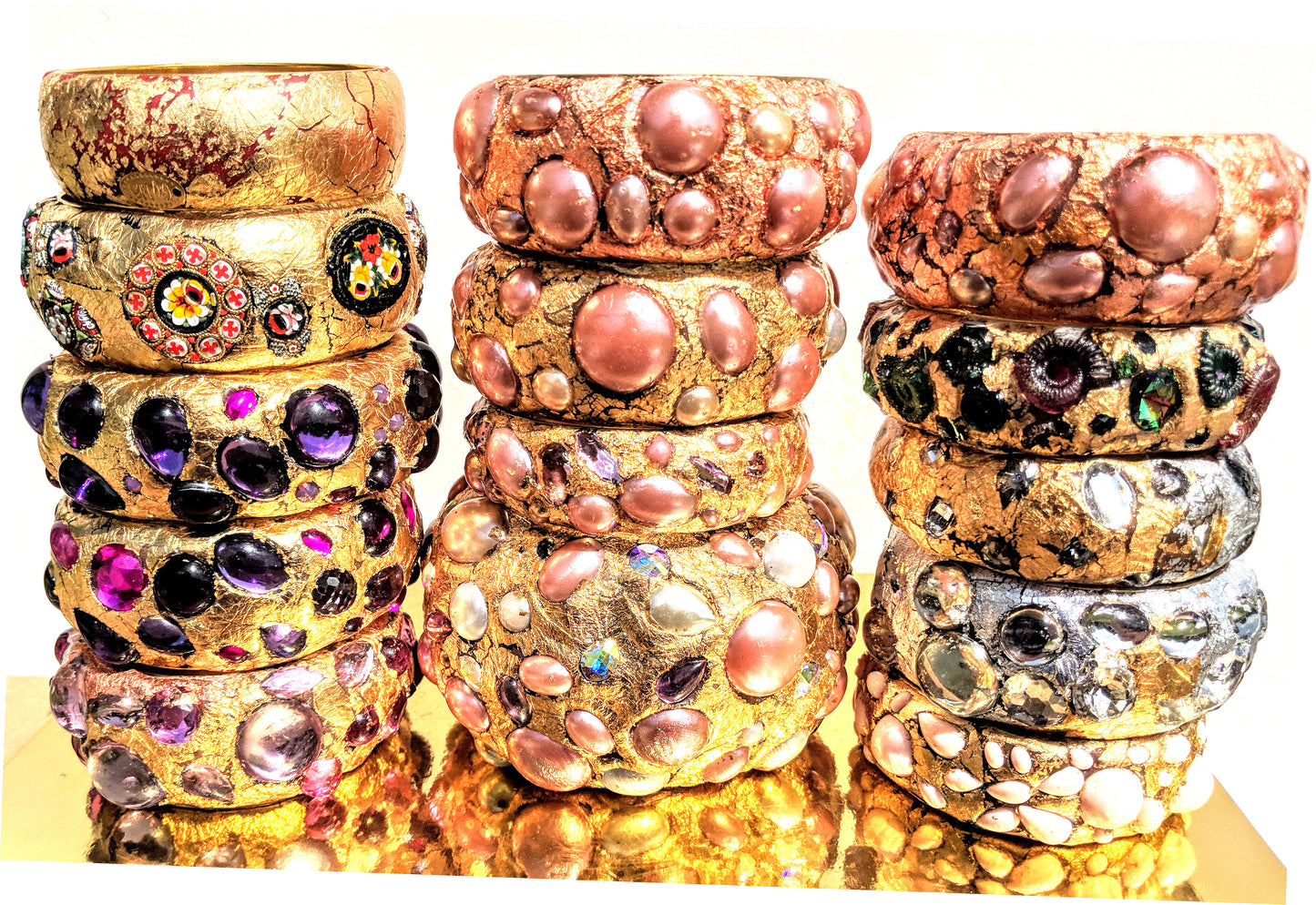 Swarovskis + Vintage + Gold Bangle Bracelets Each Many Colors: Purple, Red, Blue, Green, Pearl, Multi Unique Gay Isber-Gay Isber Designs