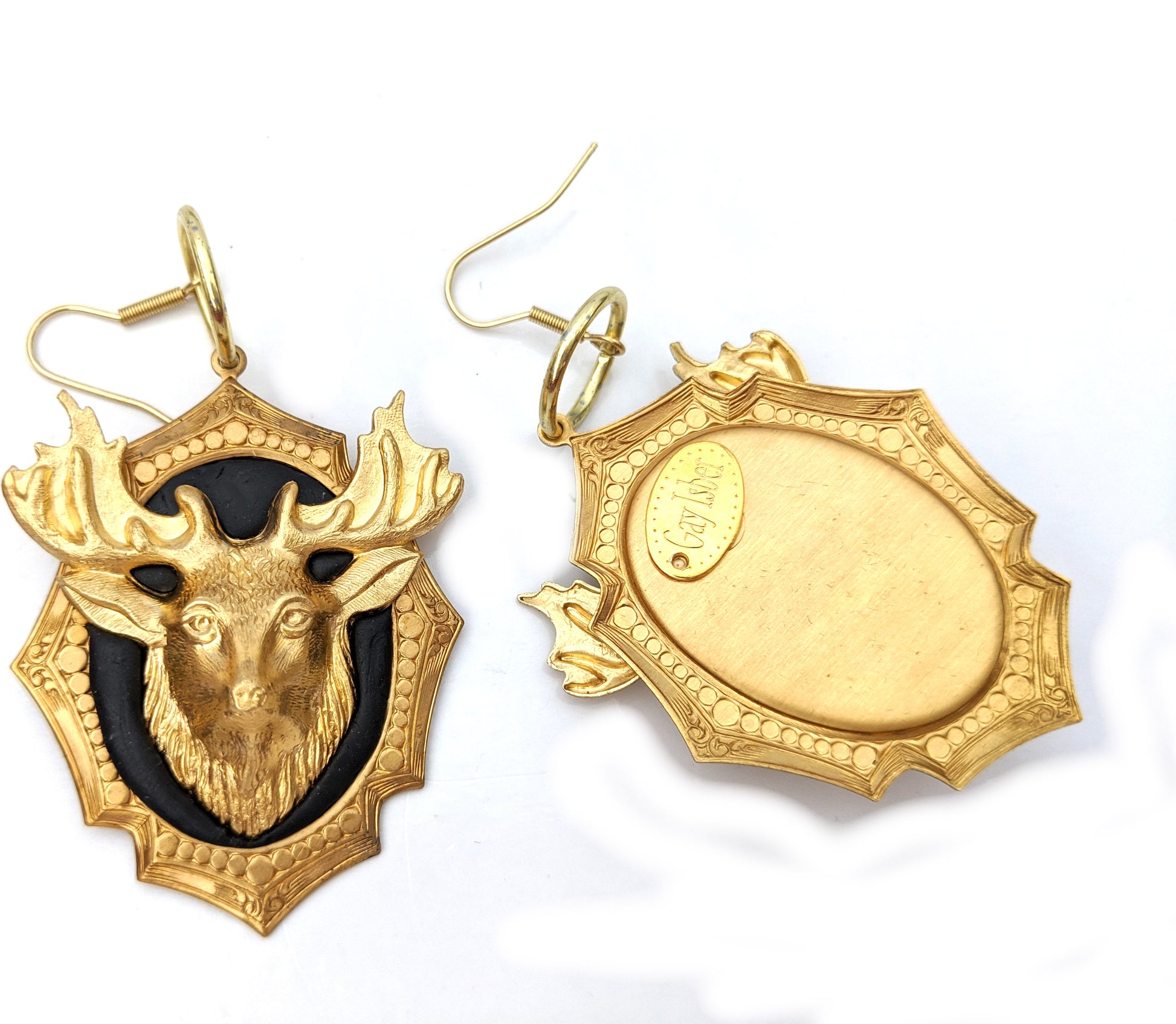 3D Deer or Elk on a Brass Frame Earrings Gay Isber Gift Bagged USA Brass XL Women-Gay Isber Designs