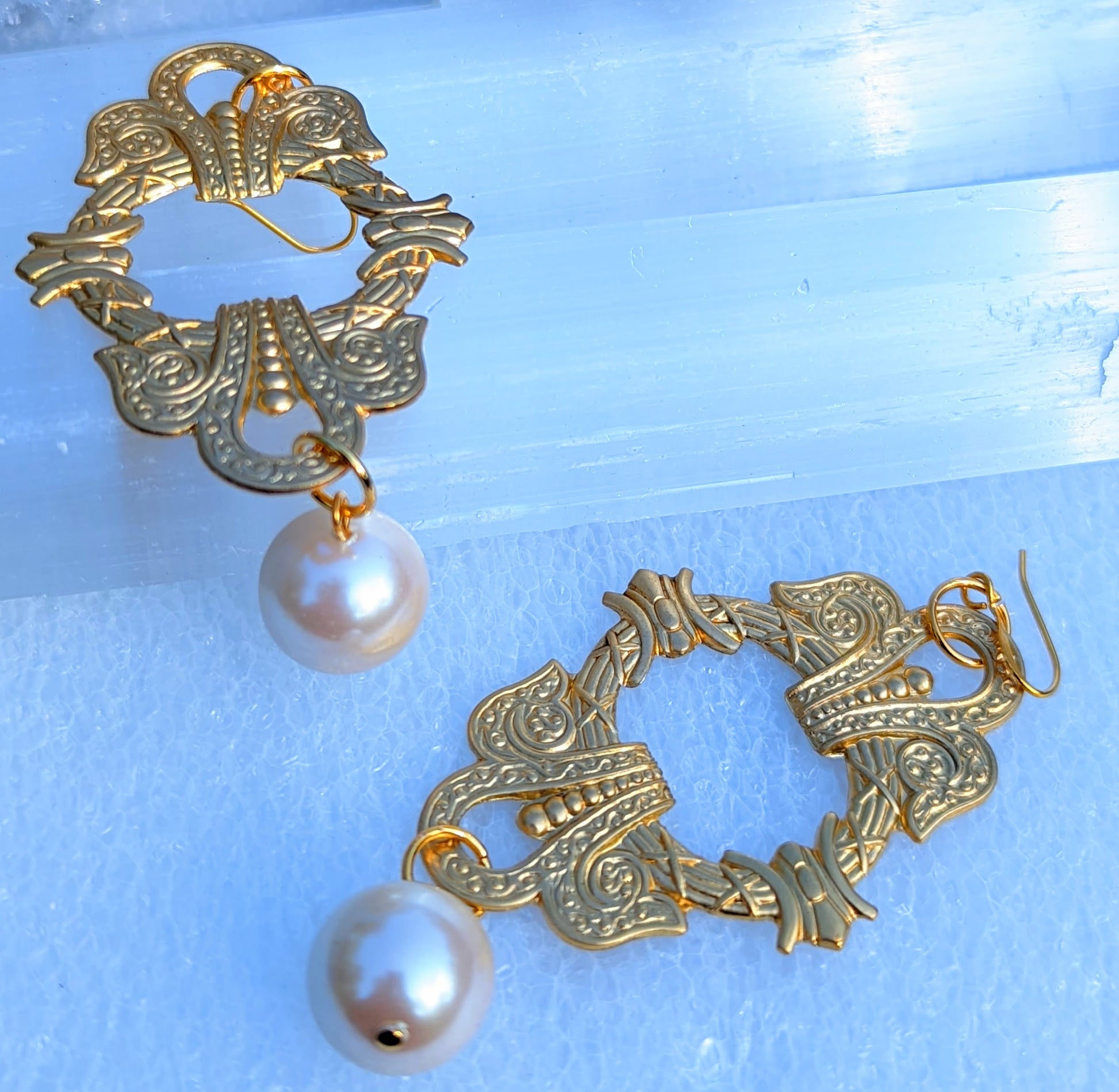 Elizabeth HRM Earrings Brass Pressings Vintage Pearls USA Made Gay Isber Free Gift Bag Regal-Gay Isber Designs