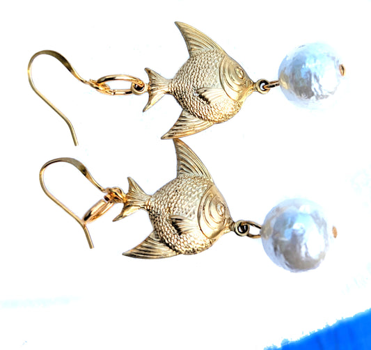 Angelfish and Rare Vintage Cotton Pearls Earrings Gay Isber USA Made with Free Gift Bag-Gay Isber Designs