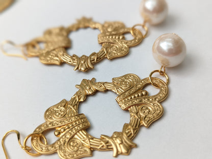 Elizabeth HRM Earrings Brass Pressings Vintage Pearls USA Made Gay Isber Free Gift Bag Regal-Gay Isber Designs