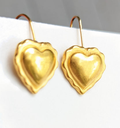 Brass Hearts Matte Gold Plated Hanging Hook Earrings USA Made Gay Isber Gift Bag-Gay Isber Designs