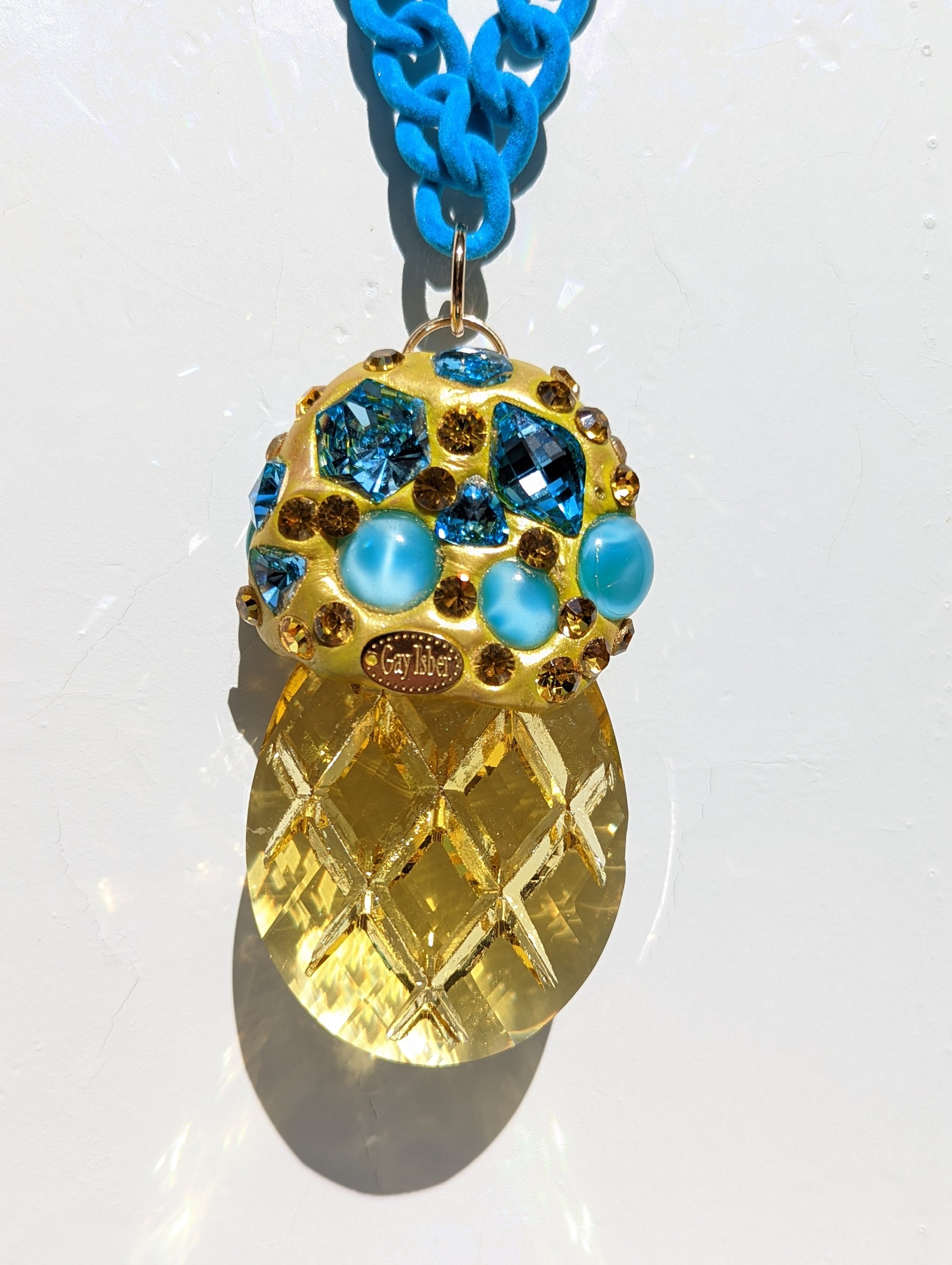 Yellow Crystal Drop Necklace Turqoise Blue Gay Isber One of a kind Wow-Gay Isber Designs