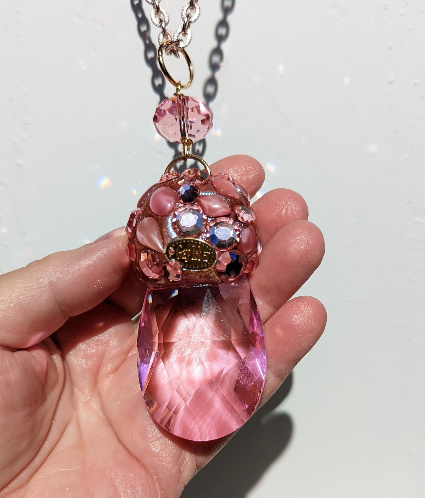 Pink Crystal pendant Pink Vintage Chain 48 inches Gay Isber Gift Box-Gay Isber Designs