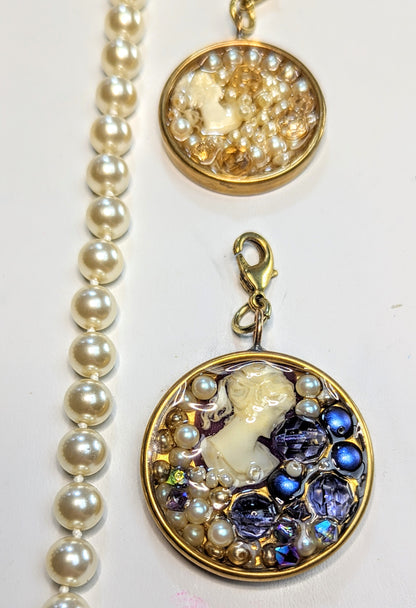 2 Removable Cameo Pendants + Hand Knotted Round Vintage Japan Pearls Necklace Gay Isber Sister Collection-Gay Isber Designs