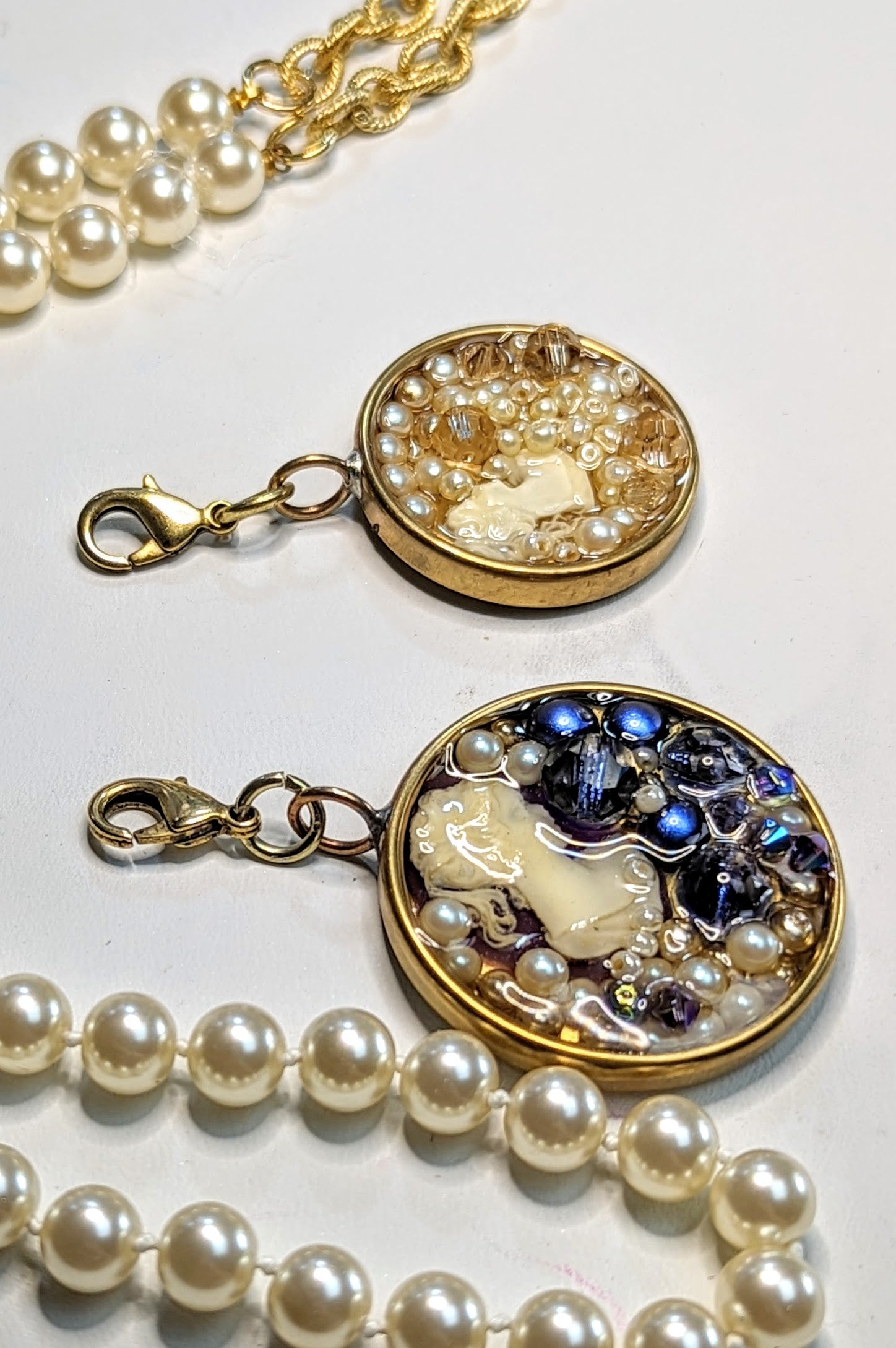 2 Removable Cameo Pendants + Hand Knotted Round Vintage Japan Pearls Necklace Gay Isber Sister Collection-Gay Isber Designs
