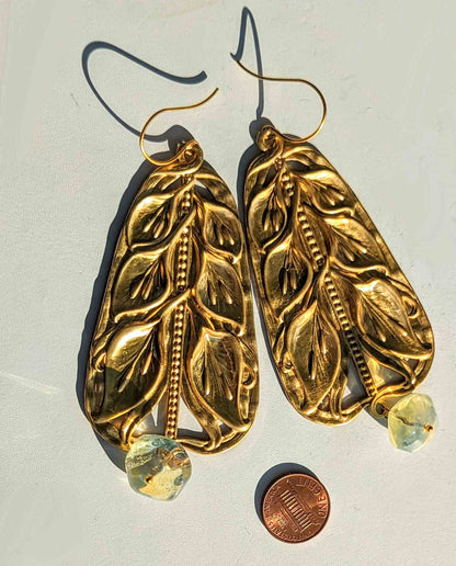 Art Nouveau Style Brass Pressings Pineapple Quartz Amazing XL Earrings Gay Isber-Gay Isber Designs