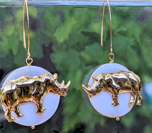 US Made Brass Rhino (Left/Right) Gold Plated Mother of Pearl disks USA Made Gold Plated Earring hooks-Gay Isber Designs