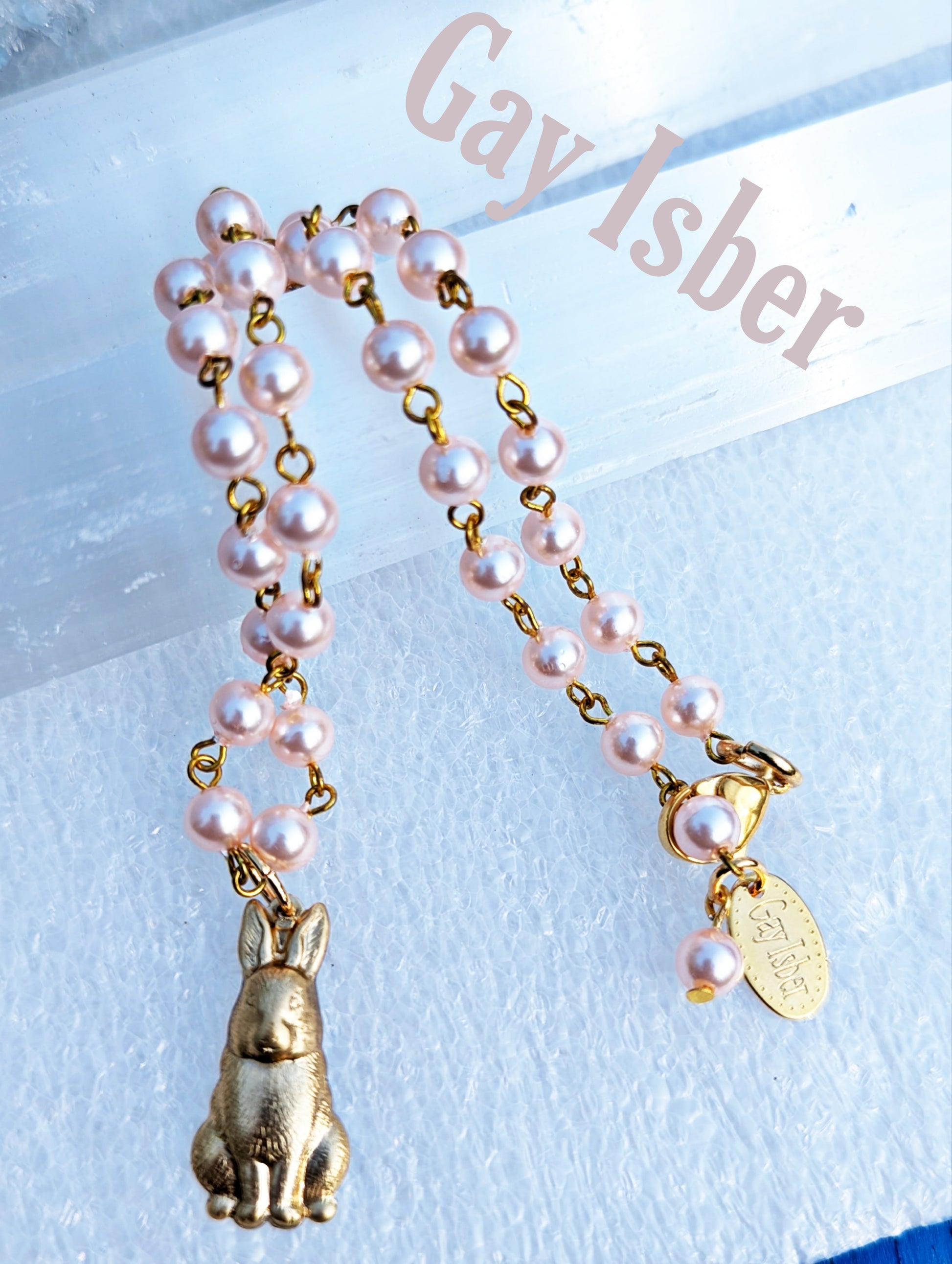 Rabbit Necklace Brass Pressing with Handlinked Pink Vintage Pearls Gay Isber USA Gift Bag-Gay Isber Designs