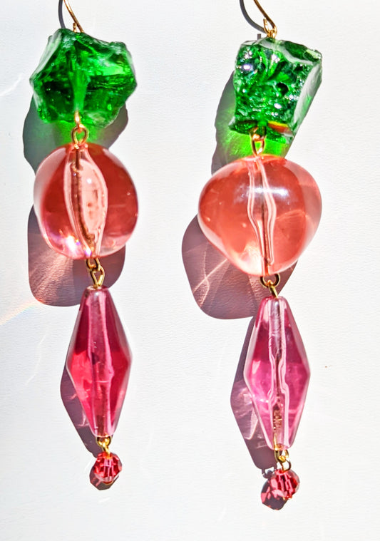 Pink Green Watermelon Earrings Supar Pops Gay Isber Swarovski Vintage Acrylic Long-Gay Isber Designs