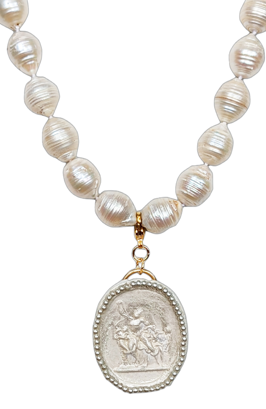 Removable Cameo Plaster Art Pendants + Hand Knotted Baroque Large Pearls Necklace Gay Isber Sister Collection-Gay Isber Designs