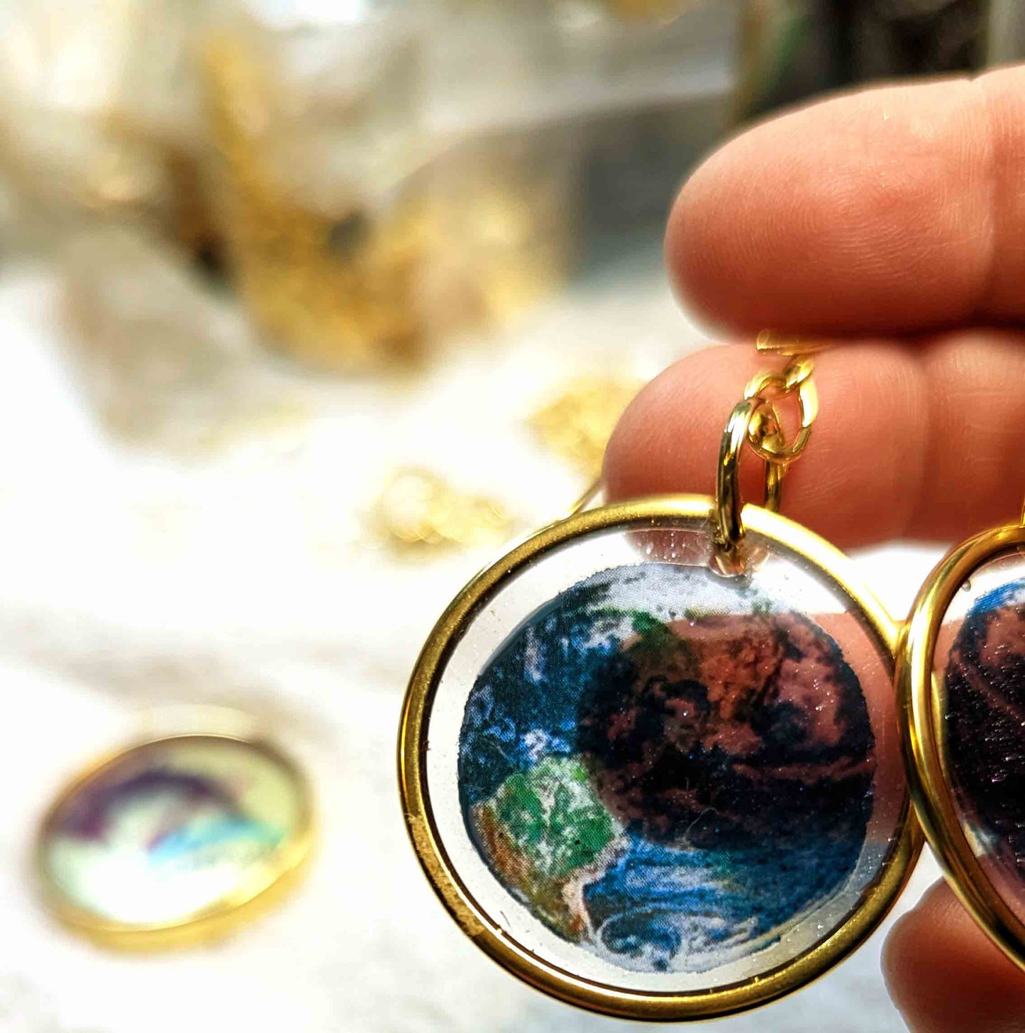 Earth Earrings Transparent Unisex Hand Made USA Gay Isber Gold plated Hooks-Gay Isber Designs