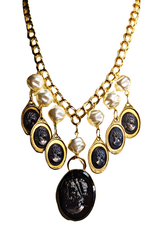Black Gold Pearl Vintage Cameo Necklace with Free Matching EARRING Gay Isber Sister Collection-Gay Isber Designs